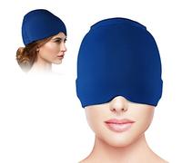 Gorro de hielo portátil para migrañas, sombrero de alivio del dolor de cabeza para tensión, dolor de cabeza, alivio de la fiebre de fatiga ocular, diseño de una sola pieza que se adapta a todas las tapas de hielo de la cabeza, sombrero de migraña de cabeza comprimida y frío caliente (azul)