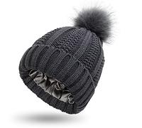 Gorro de invierno con forro de satén para mujer, forro de seda, grueso y grueso, calavera cálida, Pom-gris oscuro, Talla única