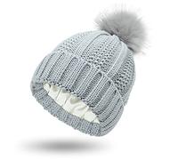 Gorro de invierno con forro de satén para mujer, forro de seda, grueso y grueso, calavera cálida, Pom-Light Grey, Talla única
