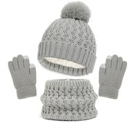 Gorro de invierno para niños, guantes, bufanda, conjunto para niñas, niños pequeños, gorros infantiles con pompón de punto, calentador de cuello, polaina, manoplas, conjunto con forro de vellón, gris