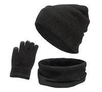 Gorro de lana cálido para mujer y hombre, guantes de invierno de tres piezas, gorro de punto de nieve, paraguas, manoplas, bufandas, conjuntos, conjunto mullido para mujer, marrón, Talla única