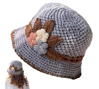 Gorro de lana de punto con flores gruesas francesas, cálido y resistente al viento, floral de ganchillo para mujer, gorro de invierno grueso francés para mujer, tejido para mujer, gris
