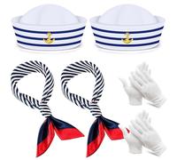 Gorro de Marinero, Gorro de Capitán para Niños, Conjunto de Disfraz de Marinero, Gorro de Marinero Ajustable, Conjunto de Bufanda con Dos Pares de Guantes Blancos para Fiesta Cosplay (Paquete de 2)