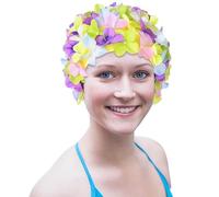 Gorro de natación con flores 3D - Diseño de pétalos de tela brocada artesanal para mujer | Talla L cómoda protección orejas pelo largo sombrero piscina playa entrenamiento mar extensible