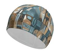 Gorro de natación con patrón azul y marrón para adultos, gorro de natación de tela elástica, cómodo gorro de baño para cabello largo y corto