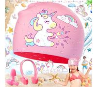 Gorro de Natación de Dibujos Animados Gorro de Baño de Poliéster Elástico, Gorro de Baño Impermeable para Niños, Gorro de Baño Rosa con Tapones para los Oídos y Pinzas para la Nariz