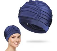Gorro de natación de nailon para mujer, color azul marino | Adecuado para cabello largo, respetuoso con la piel, alta elasticidad, máx. 35 cm de circunferencia, asiento libre de presión