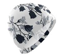 Gorro de natación negro Retro Canterbury Bells Silhouette para hombres y adultos unisex con cabello corto, impermeable, grande, para mujeres, protección del cabello y reducción de la resistencia al ag