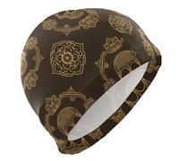 Gorro de natación para hombre unisex con patrón chino de calavera marrón, para adultos, pelo corto, impermeable, grande, protección del cabello y reducción de arrastre, gorro de natación para hombre