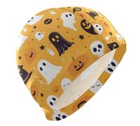 Gorro de natación para mujer, diseño de fantasmas de dibujos animados, calabaza, esqueletos, murciélagos, color naranja, para hombre, pelo corto, impermeable, para natación, protección del cabello y