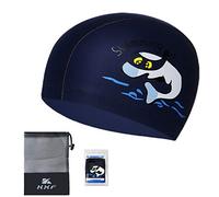 Gorro de natación para niños de Paciffico impermeable de poliuretano protección para los oídos elástico con revestimiento de patrón de dibujos animados para niños niñas de 6 a 10 años (azul marino)