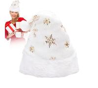 Gorro de Navidad para adultos, gorro de Navidad blanco, gorro unisex con patrón de copo de nieve brillante, gorro de Navidad esponjoso para decoración navideña