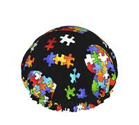 Gorro de pelo con dobladillo elástico reutilizable para mujer, piezas de rompecabezas de concienciación sobre el autismo, gorro de ducha impermeable doble con corazón, gorro de baño