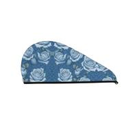 Gorro de pelo de secado rápido con hermosas rosas sobre fondo azul, gorro de ducha moderno y colorido para mujer, gorro de ducha cómodo y elegante
