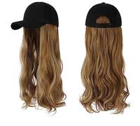 Gorro de peluca Peluca sintética ondulada larga Gorra de béisbol con extensiones de cabello Sombrero Pelucas Hueso Negro natural Conexión Peluca ajustable for mujeres Sombrero de peluca(12)