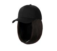 Gorro de peluca Pelucas de sombrero negro ajustables sintéticas Bob corto Peluca de gorra de béisbol recta Extensiones de cabello de conexión sin costuras for mujeres Sombrero de peluca(3)