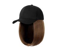 Gorro de peluca Pelucas de sombrero negro ajustables sintéticas Bob corto Peluca de gorra de béisbol recta Extensiones de cabello de conexión sin costuras for mujeres Sombrero de peluca(2)