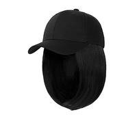 Gorro de peluca Pelucas de sombrero negro ajustables sintéticas Bob corto Peluca de gorra de béisbol recta Extensiones de cabello de conexión sin costuras for mujeres Sombrero de peluca(1)