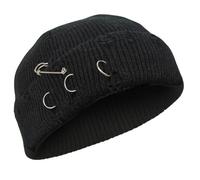 Gorro de Pescador Desgastado con Piercings e imperdible. Gorro de Punto Corto Estilo Punk gótico para Hombre y Mujer. Gorro Acanalado Desgastado en Negro o Gris. Estilo Urbano Alternativo. Negro.