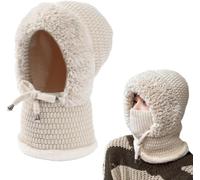 Gorro de punto 3 en 1 para mujer con bufanda y capucha Gorro de punto resistente al viento para ciclismo al aire libre con bufanda con capucha y máscara de esquí (Beige)