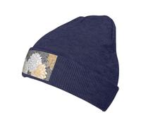 Gorro de punto cálido con diseño de flores de crisantemo gris y blanco dorado para hombre y mujer, gorro de punto de acrílico