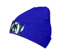 Gorro de punto cálido con estampado de lobo bajo la luna, diseño elástico sin alas, adecuado para esquí, correr y uso diario., Azul, talla única