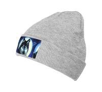 Gorro de punto cálido con estampado de lobo bajo la luna, diseño elástico sin alas, adecuado para esquí, correr y uso diario., Gris, talla única