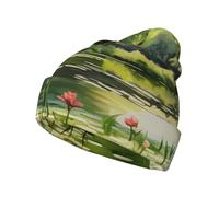 Gorro de punto con estampado de nenúfares en el estanque, gorro cálido sin alas, elástico, adecuado para el hogar o actividades al aire libre, negro