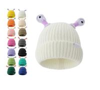 Gorro de punto de invierno para padres e hijos, bonito gorro de punto LED de monstruo pequeño, gorro de punto de monstruo acogedor, blanco, Talla única