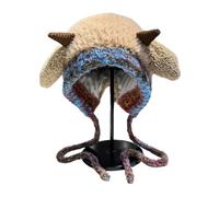 Gorro de punto elástico con cuernos de oveja sintética, resistente al viento, accesorio de invierno, estilo familiar, a juego, moderno, con forro polar, caqui, C