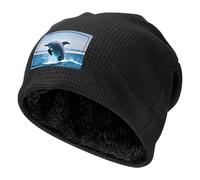 Gorro de Punto gofre Negro, con Forro Polar y Exquisito Estampado de Delfines Saltando, cálido y Suave para el Invierno.