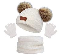 Gorro de Punto Invierno Térmico con Guantes y Bufanda Forro Polar Niños Set Beanie Gorro Sombrero de Punto Invierno Cálido con Pompon para Niños Niñas 3-5 Años