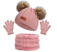 Gorro de Punto Invierno Térmico con Guantes y Bufanda Forro Polar Niños Set Beanie Gorro Sombrero de Punto Invierno Cálido con Pompon para Niños Niñas 3-5 Años