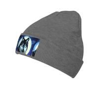 Gorro de punto negro, con estampado de lobo cálido bajo la luna, sin alas, adecuado tanto para hombres como para mujeres., Deep Heather, talla única