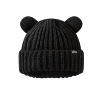 Gorro de Punto para Adultos, Gorro de Invierno con Orejas de Oso, Gorro cálido de Lana con Forro Polar y pompón de esquí, Negro -, 21.26-23.23inch