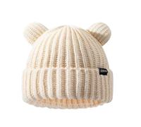 Gorro de punto para adultos, gorro de invierno con orejas de oso, gorro cálido de lana con forro polar y pompón de esquí, Blanco, 21.26-23.23inch