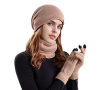 Gorro de punto para hombre y mujer, gorro de invierno cálido, guantes de peto, traje de tres piezas, protección para las orejas de peluche, gorro para mujer con pompón, D, Talla única
