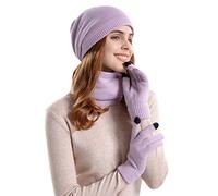 Gorro de punto para hombre y mujer, gorro de invierno cálido, guantes de peto, traje de tres piezas, protección para las orejas de peluche, gorro para mujer con pompón, morado, Talla única
