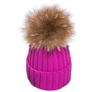 Gorro de punto para mujer con pompón de pelo real, gorro de invierno con pompón, oso de mapache