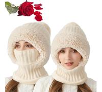 Gorro de punto para mujer en otoño e invierno, gorro 3 en 1 resistente al frío, gorro con bufanda resistente al viento y mascarilla, gorro con capucha resistente al viento frío y cálido (Beige)