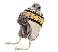 Gorro de punto peruano para mujer, lana cálida de ganchillo con borla y orejeras, beige, 6 7/8 / 7 1/4