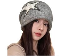 Gorro de punto retro con borde enrollado para mujer con jacquard de cinco puntas, sombrero holgado de lana cálida para invierno, talla única para uso diario casual (A)