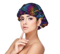 Gorro de satén con diseño de mandalas indio y libélula, para dormir, doble capa, ajustable, elástica, para mujer, pelo rizado, color negro
