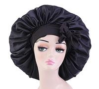 Gorro de satén de seda para dormir con el cabello: gorro de noche ajustable para mujer, tamaño jumbo, cómoda banda ancha para trenzas, cabello largo rizado (negro)