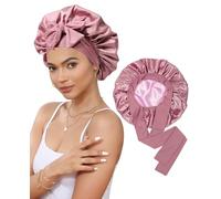 Gorro de satén de seda para dormir, gorro de dormir de seda de doble capa con banda elástica para cabello rizado, Pasta de frijoles + rosa, talla nica