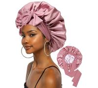 Gorro de satén extra grande para dormir de doble capa, con banda elástica, Pasta de frijol + rosa, L