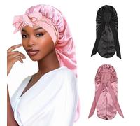 Gorro de Satén Extra Largo de Seda para Dormir para Mujer - Ajustable con Banda Elástica para Pelo Largo y Rizado - 2 Piezas (Negro, Rosa)