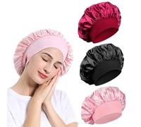 Gorro de satén, gorro de dormir nocturno con banda elástica ancha, envoltura de seda, gorro de dormir suave para mujeres y niñas, cabello rizado, Paquete de 3, rosa, negro, rojo, M-L