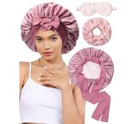 Gorro de seda de morera 100 % para mujeres durmientes, banda elástica para el cabello con coleteros de seda y máscara de ojos de seda para dormir (pasta de frijoles + rosa)