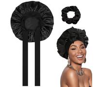 Gorro De Seda para Dormir,Gorro De Seda Ajustable,Gorro Saten Pelo Rizado,Gorro De para Dormir para Pelo Rizado con Banda Ancha Elástica para Mujeres Y Niñas (Negro, L)
